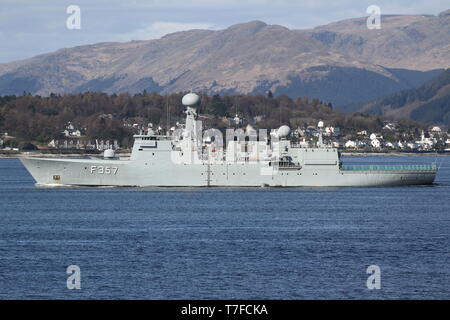 KDM Thetis (F357), a Thetis-class frigate operated by the Royal Danish Navy, passing Gourock at the start of Exercise Joint Warrior 19-1. Stock Photo