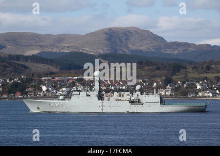 KDM Thetis (F357), a Thetis-class frigate operated by the Royal Danish Navy, passing Gourock at the start of Exercise Joint Warrior 19-1. Stock Photo