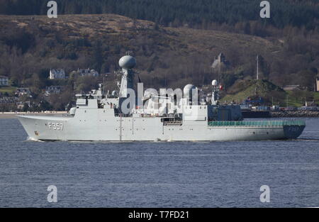 KDM Thetis (F357), a Thetis-class frigate operated by the Royal Danish Navy, passing Gourock at the start of Exercise Joint Warrior 19-1. Stock Photo