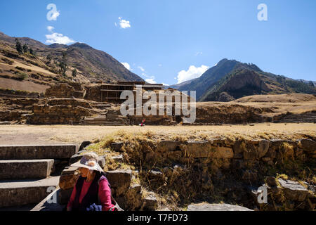 Tourist on the Main Square of the archeological site of Chavín de Huántar in Peru Stock Photo