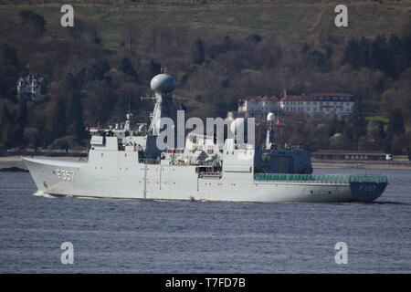 KDM Thetis (F357), a Thetis-class frigate operated by the Royal Danish Navy, passing Gourock at the start of Exercise Joint Warrior 19-1. Stock Photo