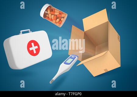 3d rendering of doctor's case, electrical thermometer, jar full of pills and empty cardboard box on blue background. Stock Photo