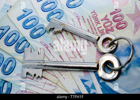 Turkish lira banknotes and assorted keys investment concept on isolated background Stock Photo