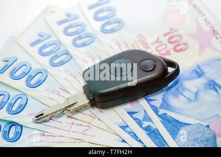 Turkish lira banknotes and assorted keys investment concept on isolated background Stock Photo