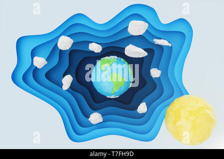 Abstract paper cut background with Earth concept. Paper carving effect with Earth in centre. Low poly, polygonal Earth. Creative origami globe with cl Stock Photo