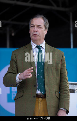 Nigel Farage MEP speaking on stage at a Brexit Party event in Chester, Cheshire. Mr Farage gave the keynote speech and was joined on the platform by his party colleague Ann Widdecombe, the former Conservative government minister. The event was attended by around 300 people and was one of the first since the formation of the Brexit Party by Nigel Farage in Spring 2019. Stock Photo