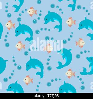 marine seamless pattern with dolphin and fish blue background for textiles Stock Vector