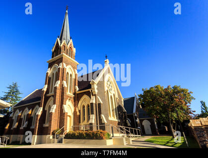 Facade of St Paul Presbyterian Church, built in 1881-82 in Gothic Revival design with a tall steeple, arched lancet windows and an impressive rose win Stock Photo