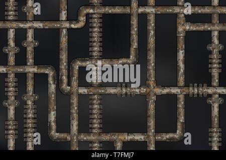 Dark and rusty pipes on the wall abstract industrial steampunk background Stock Vector