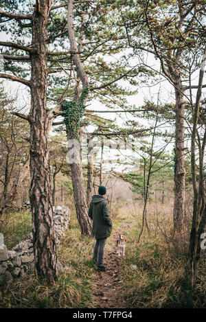 Man and his beagle walking Stock Photo