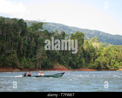 Local transport by longboat with powerful engine on the Alto Madre de Dios River in the Lower Amazon rainforest in Madre de Dios department in Peru. Stock Photo