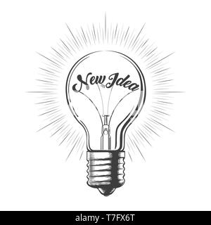 Light bulb with wording New Idea drawn in Engraving style. Vector illustration. Stock Vector