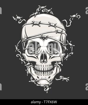 Human Skull in barbed wire drawn in tattoo style. Vector illustration. Stock Vector