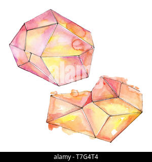 Colorful diamond rock jewelry minerals. Watercolor background set. Isolated crystal illustration element. Stock Photo