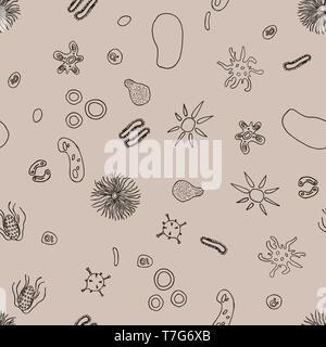 Bacteria, microbe and viruses. Vector illustration. Seamless pattern background Stock Vector