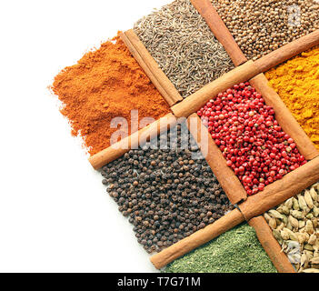 Different kinds of spices on white background Stock Photo