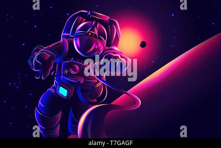 An imagery scientific illustration of an astronaut walking in space in vector art. Stock Vector