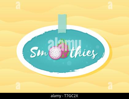 Green label smoothie pitaya fruit shake vector illustration. Hand drawn sign Smoothie on green background in white frame on smoothies drink cocktail sticker for offer sign or shop decoration design, Stock Vector
