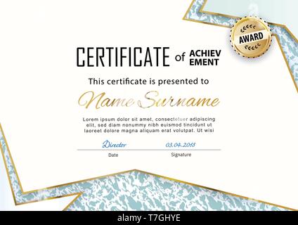 Official certificate with gold lines and marble design elements. Business beige modern design. Gold emblem Stock Vector
