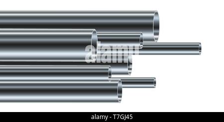 Set of steel or aluminum pipes, isolated. Vector illustration. Glossy 3d tubes of different diameters. Stock Vector