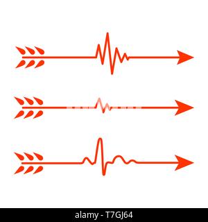 Set of red Arrows with Heartbeat symbol. Vector illustration. Electrocardiogram signs isolated. Stock Vector