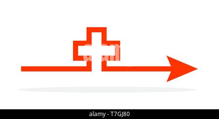 Red Arrow with Cross in flat style. Vector illustration. Medical sign isolated. Stock Vector