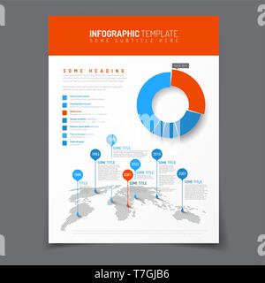 Paper poster with simple world map infographic and flat design pie chart - red and blue version Stock Vector