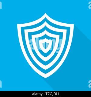 Shield in flat style. White shield with long shadow on blue background. Vector illustration. Stock Vector