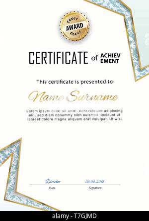 Official certificate with gold lines and marble design elements. Business beige modern design. Gold emblem Stock Vector