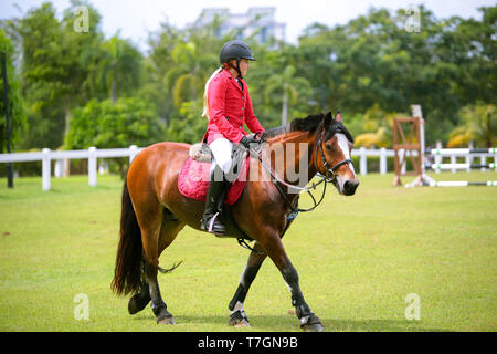 Rider and their horse entering the competition ground during a horse jumping obsticle competiton at Equestrian park, Putrajaya. Stock Photo