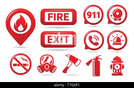 Set of fire safety icons. Fire emergency icons isolated on white background. Vector symbols. Stock Vector