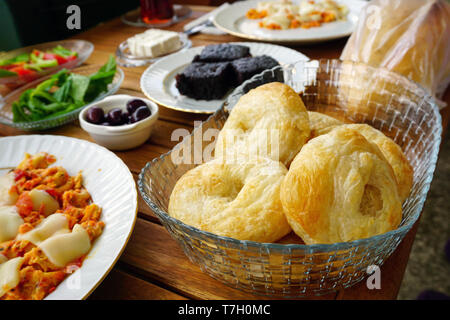 Traditional Turkish Smyrna Pastry boyoz in Turkish breakfast Stock Photo