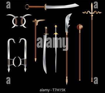 Chinese edged weapons - colored vector set on black background Stock Vector