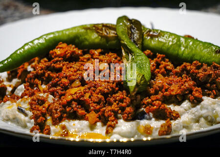 Alinazik kebab traditional Turkish meal with meshed aubergine and ground meat Stock Photo