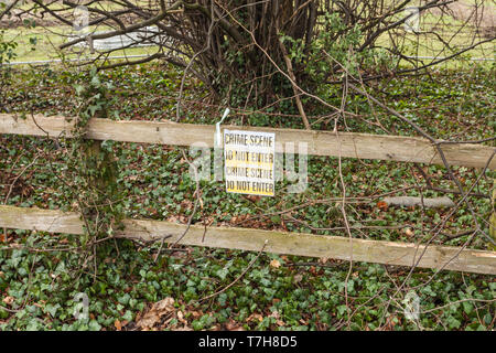 Notice stating the area is a 'Crime Scene' put up by Blackwell residents angered over tree felling on Carmel Road South,Darlington,England,UK Stock Photo