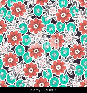 Doodle flowers seamless pattern, colorful floral background. Coral, green, white flower bud on dark backdrop, hand drawing, delicate ornament for fabr Stock Vector