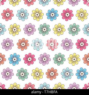 Doodle flowers seamless pattern, colorful floral background. Multicolored simple buds with petals on white backdrop, hand drawing, ornament for fabric Stock Vector
