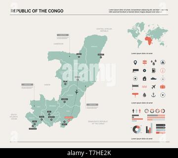 Vector map of Congo. High detailed country map with division, cities and capital Brazzaville. Political map,  world map, infographic elements. Stock Vector