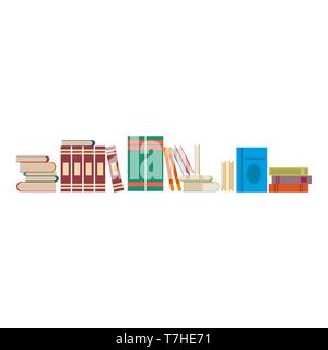 Library books vector illustration background. Flat shelf literature education study design. School bookcase icon university bookshelf learn knowledge Stock Vector