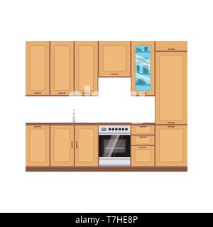 Kitchen design interior vector modern illustration room. Furniture drawing home line. Stove, food, cooking flat style cook Stock Vector