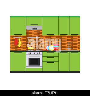 Kitchen interior vector room home illustration furniture flat apartment. Design modern table style living stove sink Stock Vector