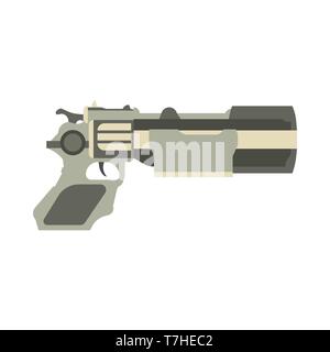 Gun futuristic weapon vector illustration blaster game laser space pistol. Handgun ray future science fiction cartoon Stock Vector
