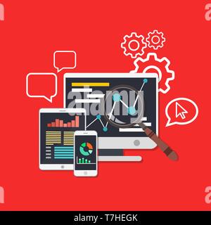 Seo (search engine optimization) concept vector flat illustration. Analysis service on computer, tablet and smartphone. Stock Vector