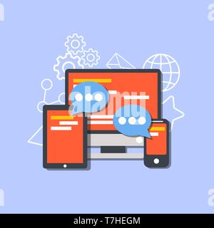 Social media concept vector flat illustration design. Community online on computer, tablet or smartphone. Stock Vector