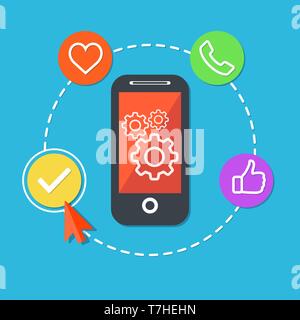 The process of developing a mobile application concept vector flat illustration design. Stock Vector