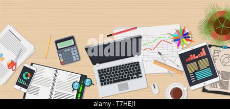 Analysis data and planning concept vector flat illustration design printed web banner. Desktop for business with graphics, laptop and documents top vi Stock Vector