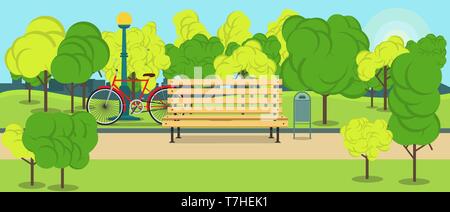 Park with bench,street light and red bicycle vector concept landscape flat illustration design. Stock Vector