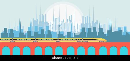 Hight speed passenger train against city background vector flat illustration design landscape Stock Vector