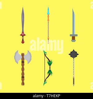 Medieval cartoons weapons set concept vector flat illustration design. Decoration icons for fantasy game. Stock Vector