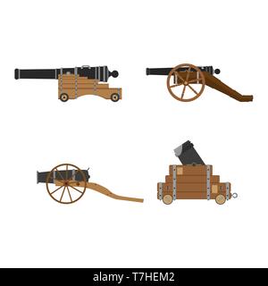 Medieval artillery cannon set vector flat illustration design concept. Castle defense weapon. Stock Vector